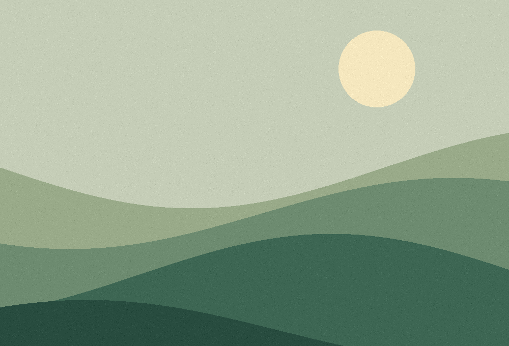 Illustration de collines verdoyantes sous un soleil doux.